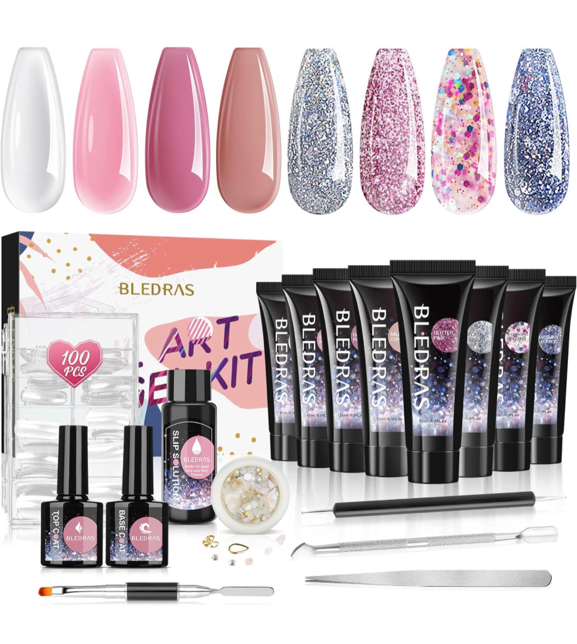 Ongle Gel Kit Complet , Nail Extension Gel, Gel Construction Ongle Uv avec Décorations et Accessoires pour Débutants